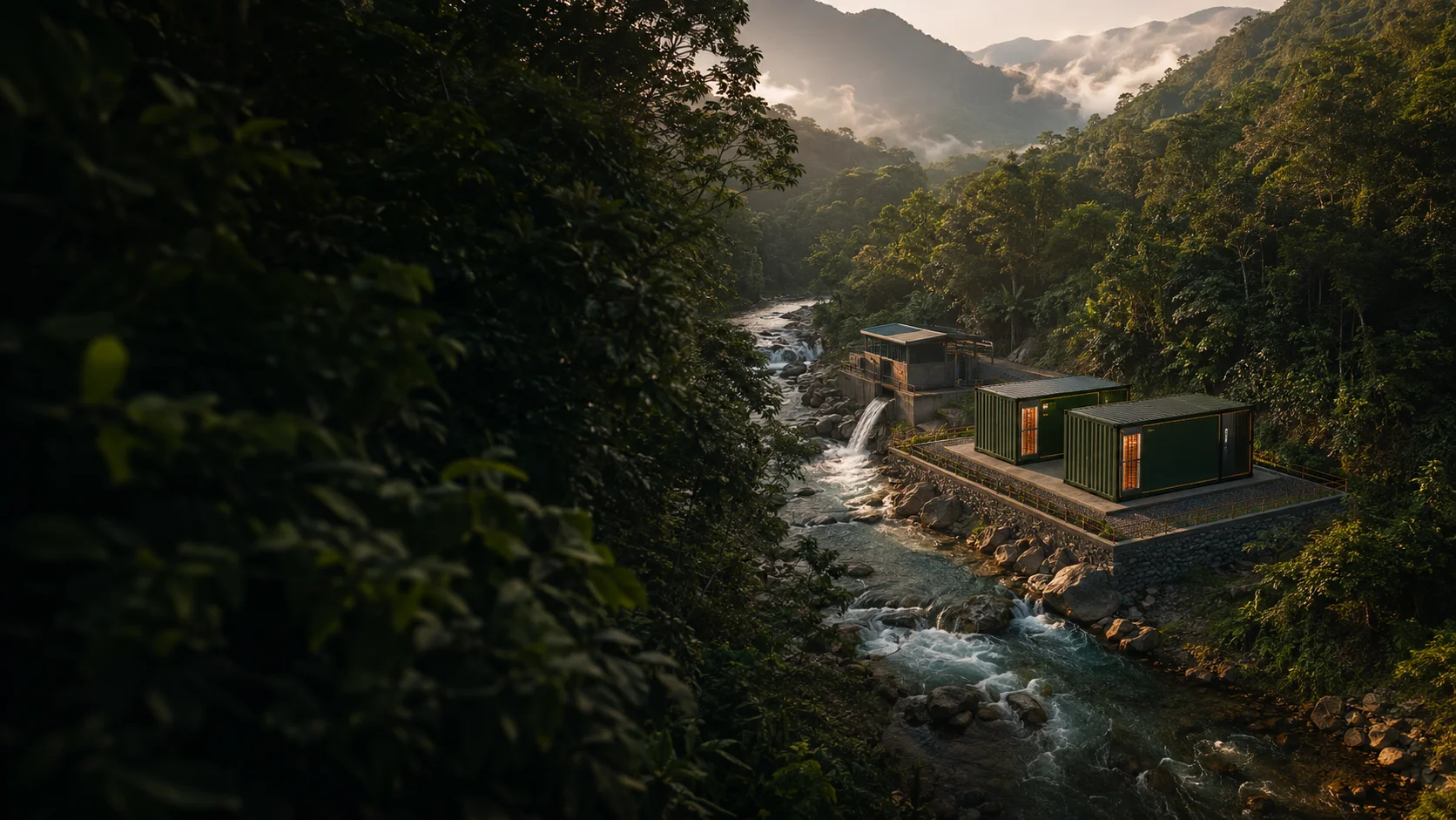 Imagen conceptual de una central hidroeléctrica y un centro de minería junto a un río